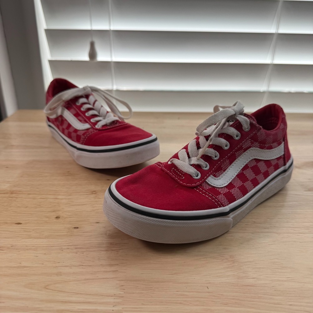 Vans Ward Checker Dot‎ Sneakers Kids Red Canvas Lace-Up Low Top Comfort - 2